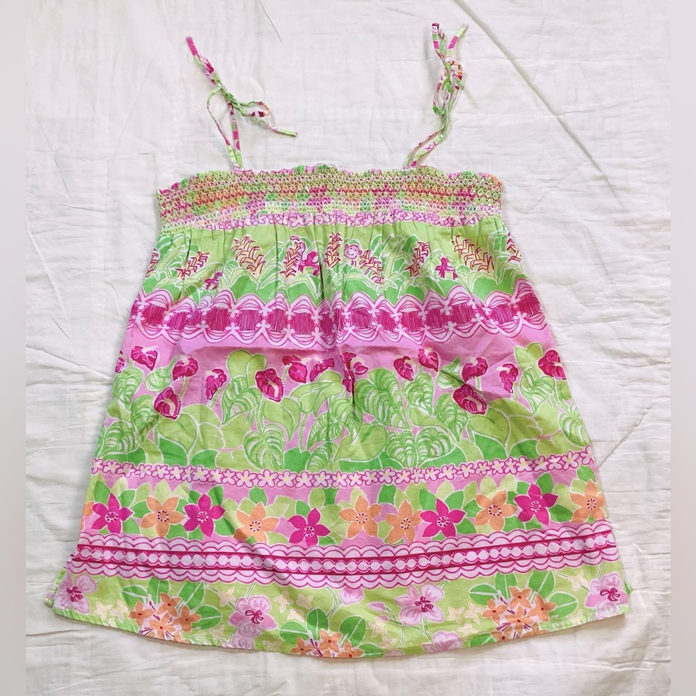 Lilly Pulitzer Caprice Floral Monkey Smocked Tie Shoulder Top Small